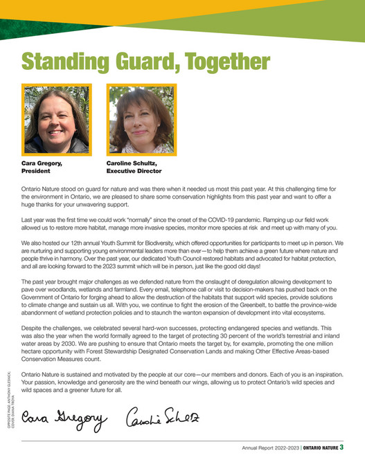 Staunch Example Ontario Nature Annual Report / Report to Donors - Page 2-3